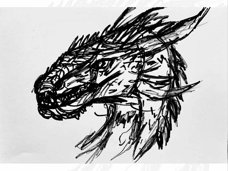 headshot of a dragon with sharp, spiky horns and scales