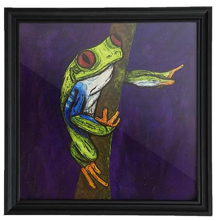 framed final for letter F drop cap featuring a green tree frog reaching out from a branch