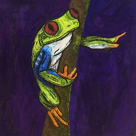 final for letter F drop cap featuring a green tree frog reaching out from a branch