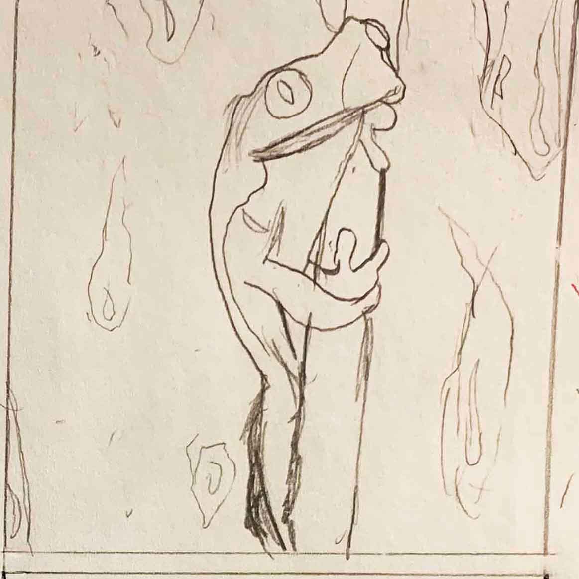 thumbnails for letter F drop cap. illustration of a green tree frog reaching out from a branch
