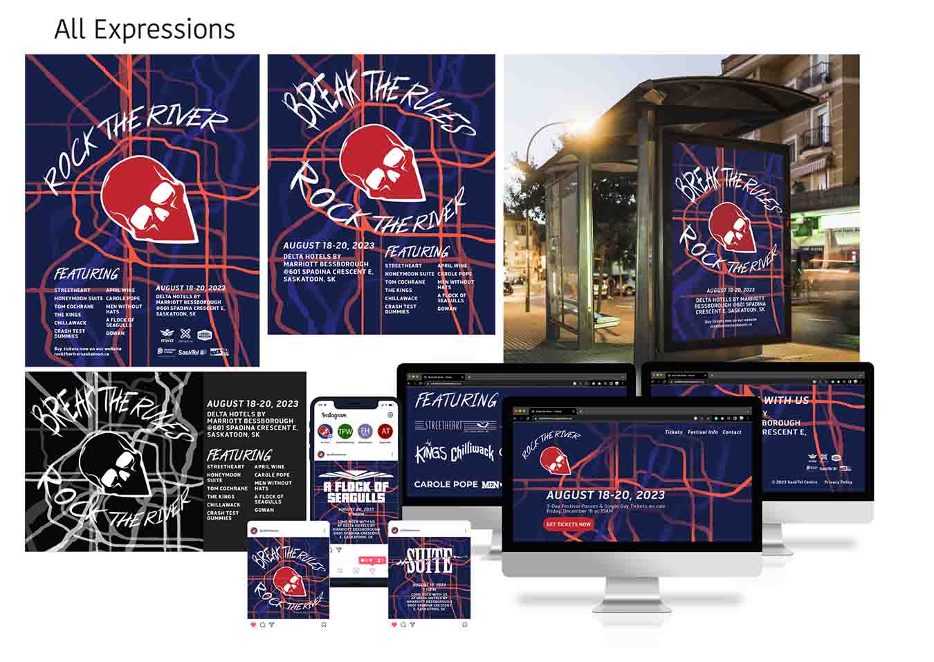 collection of all event promotion expressrions including vairous posters and bus shelter ads, a full website landing page and social media posts