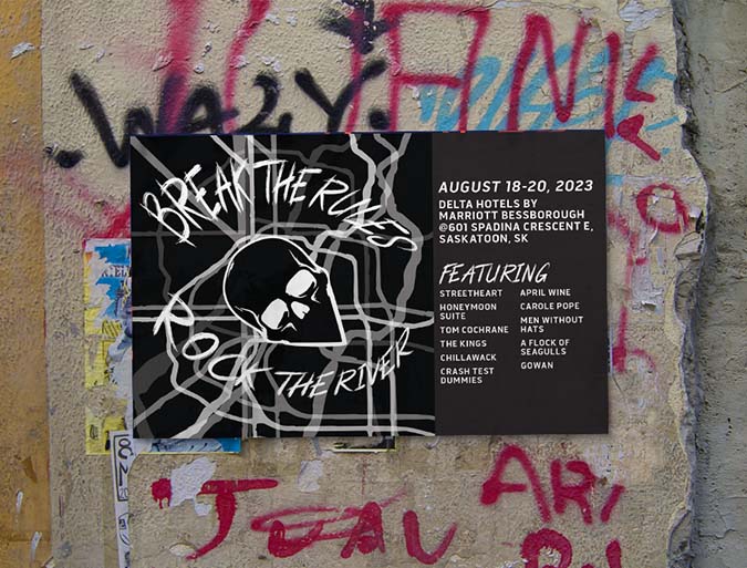 small black and white poster featuring the event logo and title,Rock the River'. Includes dates and times of the event and their website url prompting people to buy tickets