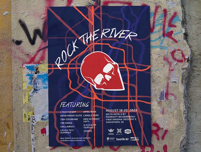 Large poster featuring the event logo and title,Rock the River'. Includes dates and times of the event and their website url prompting people to buy tickets