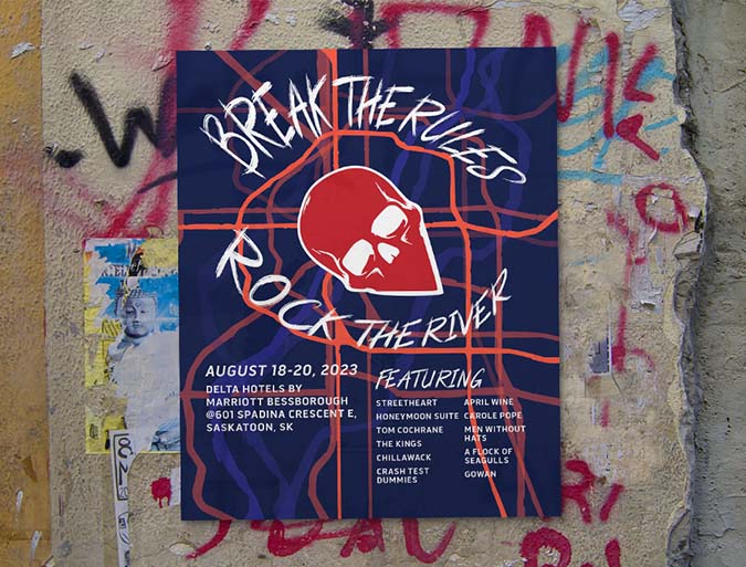 small coloured poster featuring the event logo and title,Rock the River'. Includes dates and times of the event and their website url prompting people to buy tickets