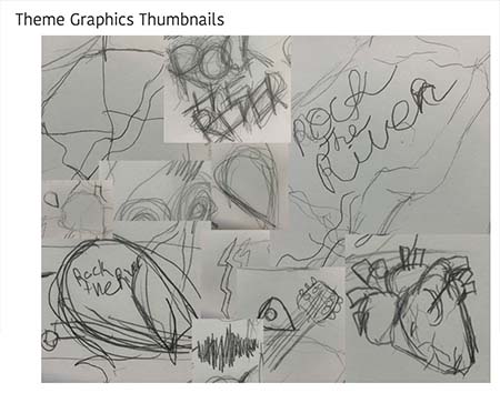 thumbnails for main theme graphics for rock the river. features variations of guitar picks, maps, and skulls