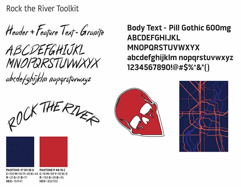 Brand toolkit for Rock the River - includes typestyles, brand colours, type treatments, and main theme graphics for the event promotion