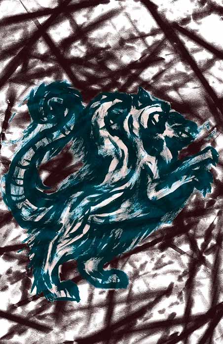 Final Illustration of Cerberus made with india ink and blue colouring