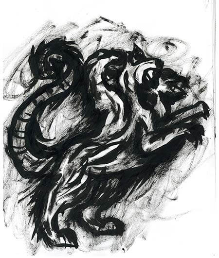 Black and White rough drawing of Cerberus the three headed dog rendered using a dry-brushing technique