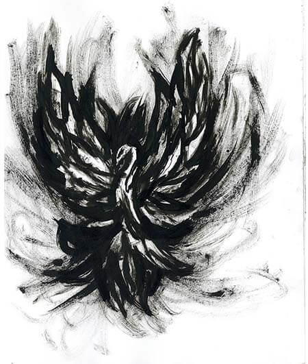Black and White rough drawing of a Phoenix rendered using a dry-brushing technique