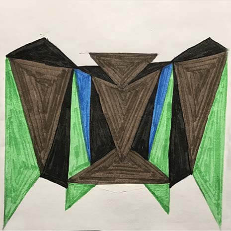 abstract take one an eagle made of brown, black, and green triangles forming an upsidedown capital E