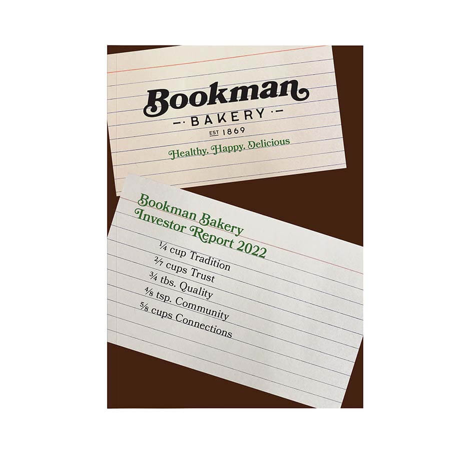 Investor report cover featuring recipie cards on top of a dark brown background highlighting the title of the report, Bookman Bakery Investor Report