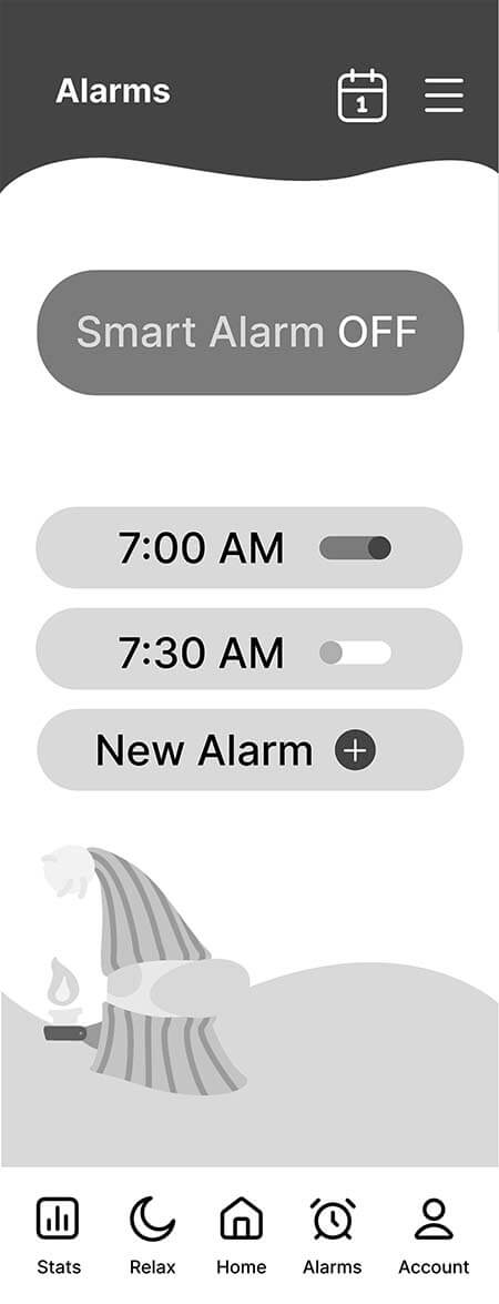 Lowlight wireframe of alarm page featuring a smart alarm toggle and a plus sign to add alarms on at the bottom of the page