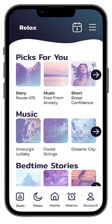 Lowlight wireframe of relax page featuring different music, immersive story, and colouring page options