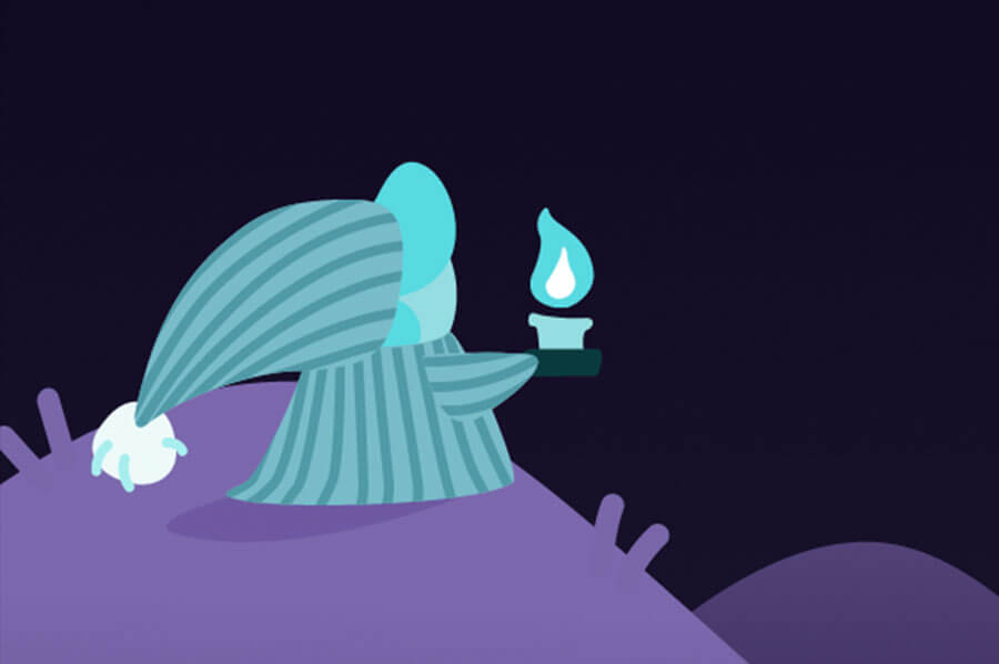 Lowlight mascot, Smeurg(a blue gnome wearing a nightgown and cap holding a candelabra with a lit candle), looking up at the stars while standing on top of a hill
