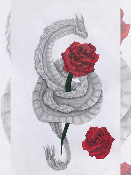 Serpentine dragon coiling themselves around a red rose, protecting it fiercly