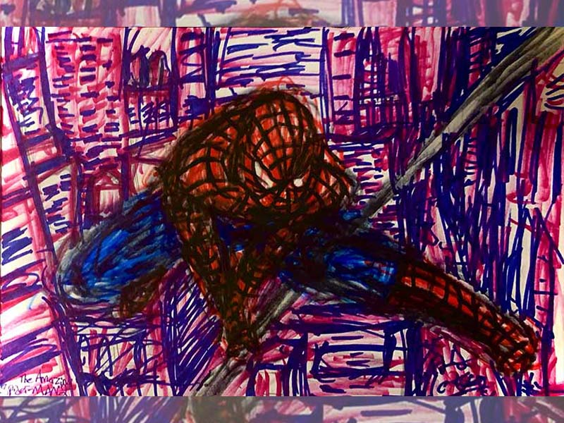 Sketchy-style spider-man drawing with pink/purple cityscape in the background